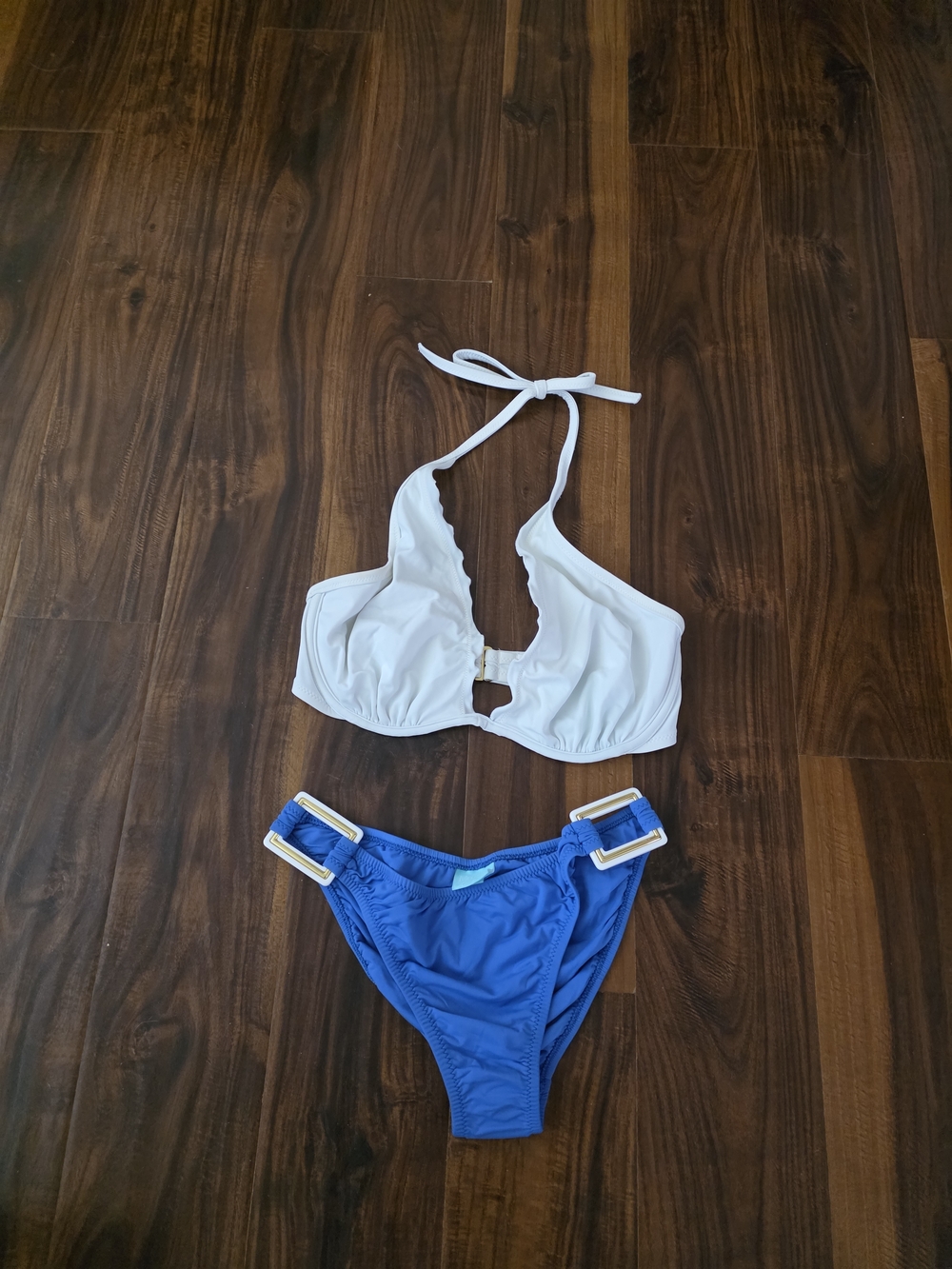 Victoria's Secret White Halter Bikini Top with Blue Buckle Bikini Bottoms